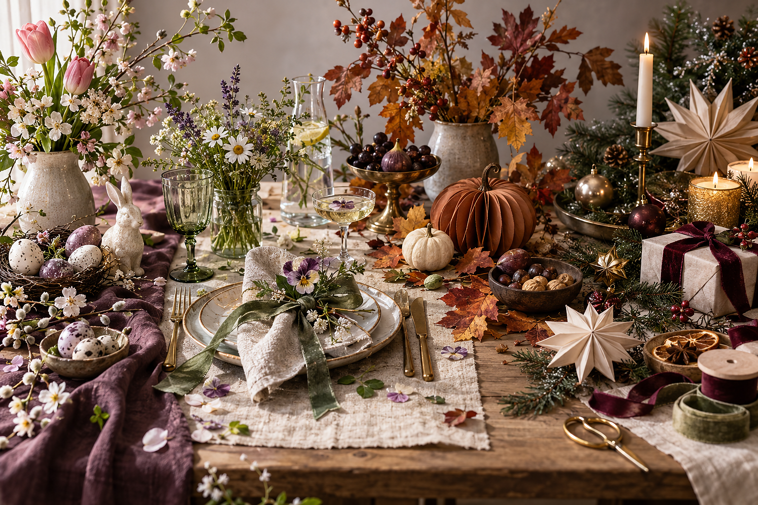 Saisonale Tischdekoration mit Motiven für Frühling, Sommer, Herbst und Winter, KI-generiert